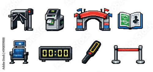 Pixel art stadium icons: turnstile, ticket machine, archway, and more