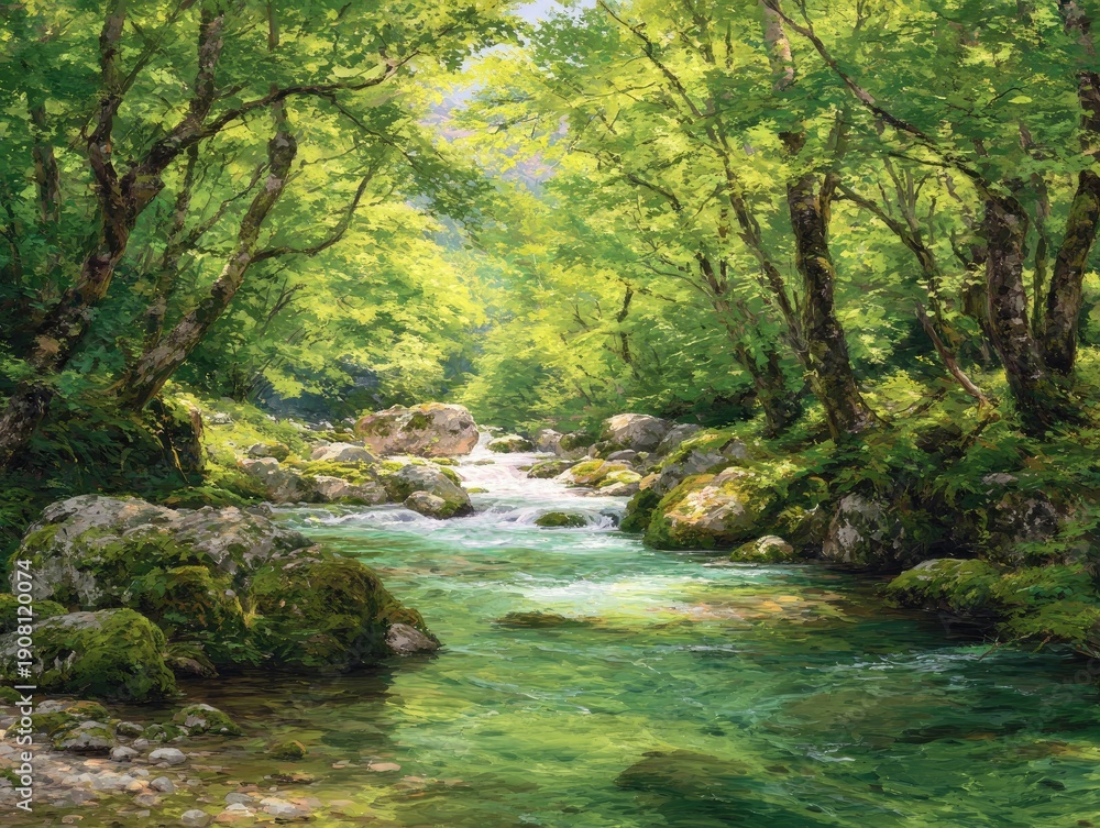 Obraz premium Lush landscape painting of a stream flowing through a sun-dappled forest