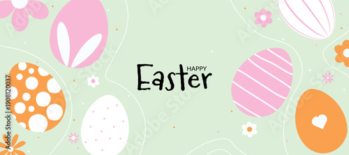 Happy Easter banner. Trendy Easter design with typography, hand painted strokes, dots, eggs, flower and bunny ears in pastel colors. Horizontal poster, greeting card, vector illustration. Modern minim