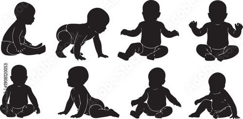 Silhouette of baby in various crawling and sitting positions