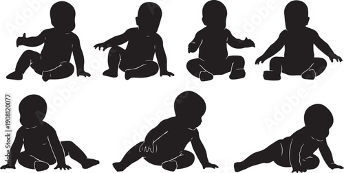 Silhouette of baby crawling and sitting in various positions