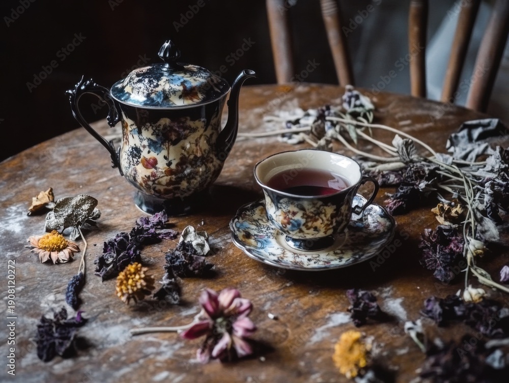 Fototapeta premium Whimsigothic tea set with dark florals and mystical porcelain on antique table with dried flowers