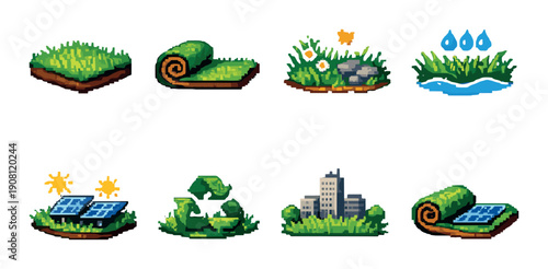 Pixel art environmental icons: grass, solar panels, recycling, urban development