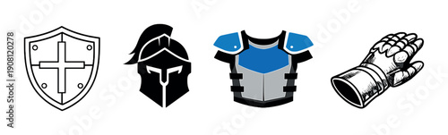 Medieval armor set with shield and gauntlet on black background