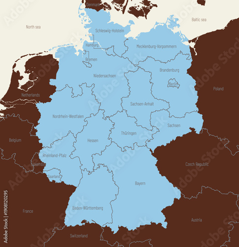 Map of Germany with the borders of the federal states and neighboring countries, color vector illustration