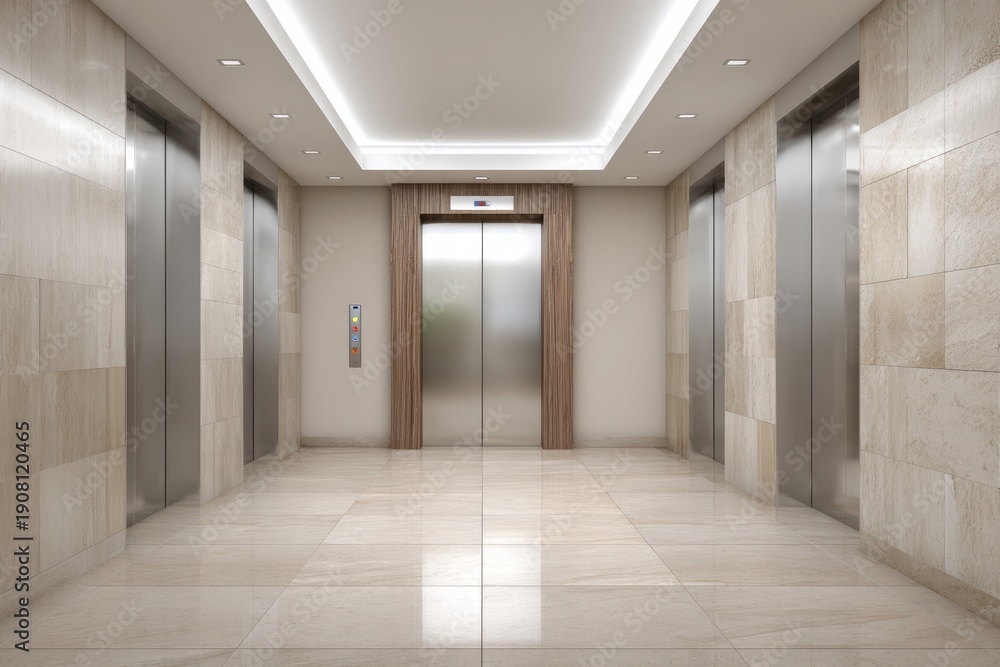 Fototapeta premium Contemporary building lobby features three metallic transport cabins surrounded by light toned stone and wood accents