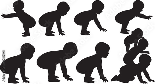 Silhouette of baby crawling and walking in various positions