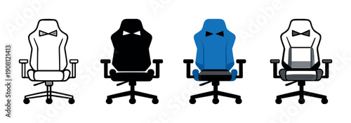 Four gaming chairs with blue highlight on dark background