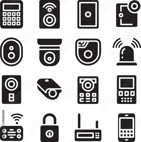 black and white icons of various electronic devices and security symbols