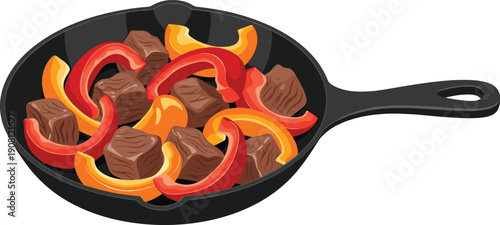 Beef stir fry with bell peppers in cast iron skillet, homemade meat and vegetables vector illustration 