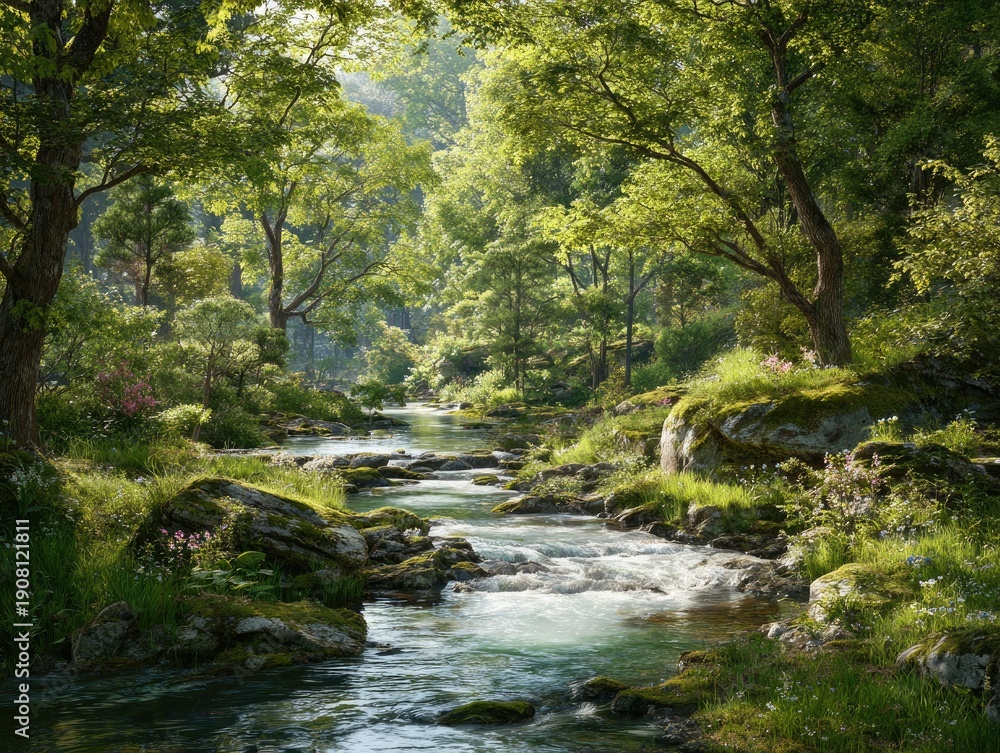 Obraz premium Serene scene of a sun-dappled, flowing river winding through a lush, verdant forest