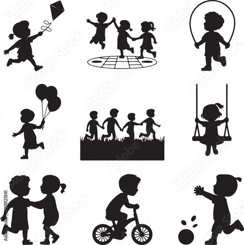 black silhouettes of children playing outdoors and having fun