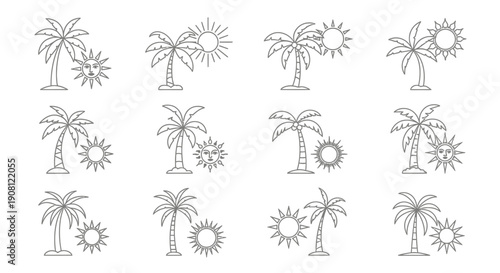 Collection of simple line art illustrations featuring palm trees and suns, perfect for tropical or summer-themed designs.