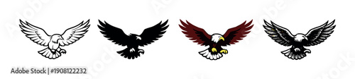 Four stylized eagles in flight: white, black, brown, and gray variants on gradated background
