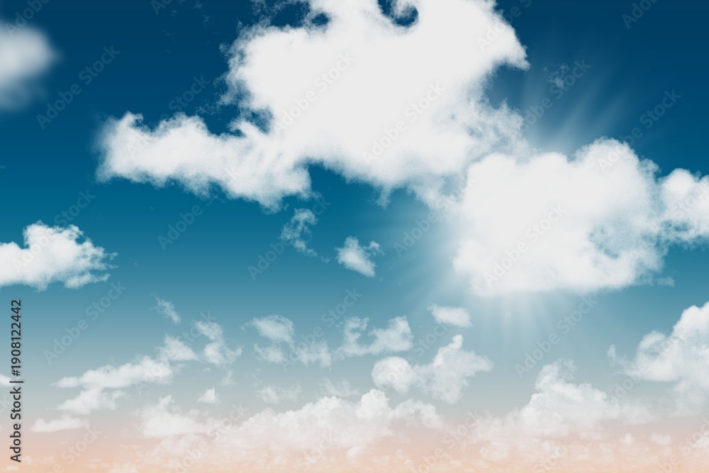 Fototapeta premium Large cumulus cloud is floating and casting sun rays over flat design sky with pastel horizon