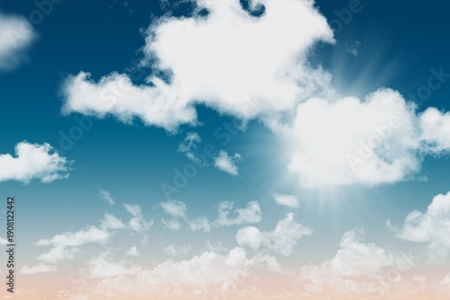 Large cumulus cloud is floating and casting sun rays over flat design sky with pastel horizon