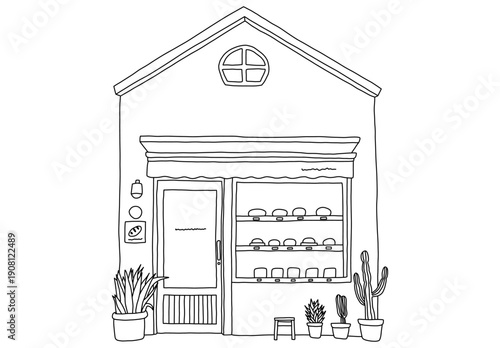 Cute bakery shop facade doodle with bread window display and potted plants featuring storefront line art decoration
