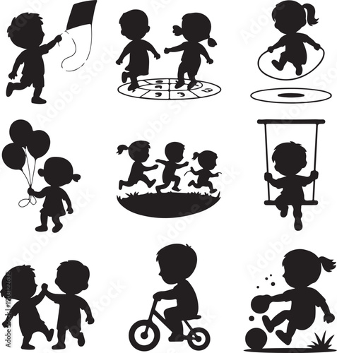 Black silhouettes of children playing outdoors and having fun