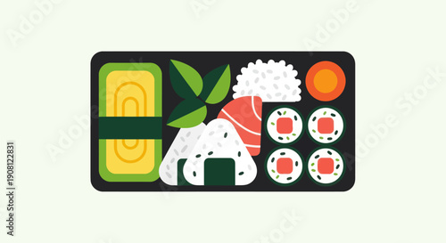 Colorful bento box with various food items