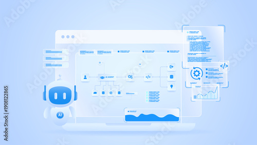 AI workflow automation artificial intelligence. ai agent network diagram dashboard machine learning showing coding flow process, data analytics panel and processing system.