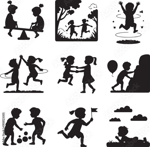 black silhouettes of children playing outdoors in various fun activities
