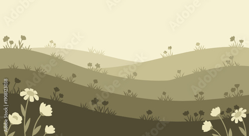 White Flowers in Rolling Hills Landscape.