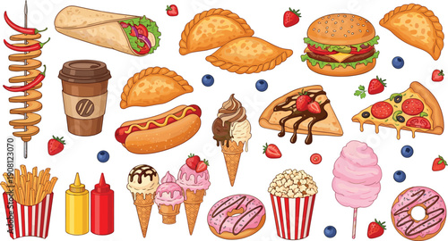 Fast food and street snacks collection with burger, pizza, hot dog, fries, ice cream and donuts illustration