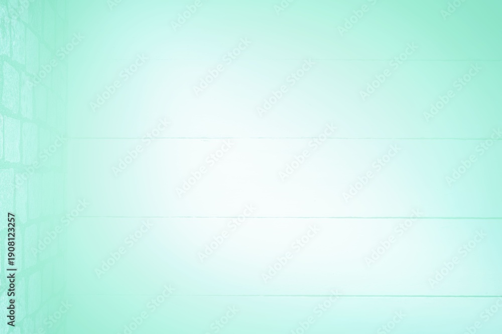 Naklejka premium Showing empty interior with stone accent wall and wood plank paneling bathing in pale aqua gradient