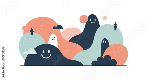 Cartoon Ghosts and Smiling Faces Illustration.