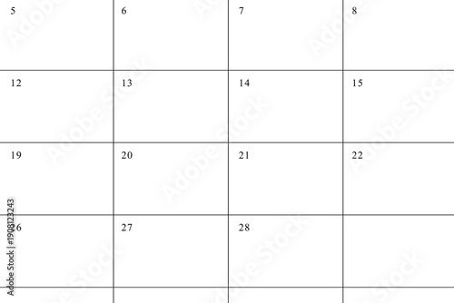 Flat design calendar grid is showing numbered rectangular cells outlined by thin lines