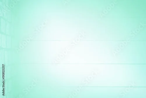 Fototapeta Showing empty interior with stone accent wall and wood plank paneling bathing in pale aqua gradient