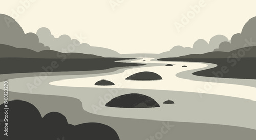 River Landscape with Hills and Islands Illustration.