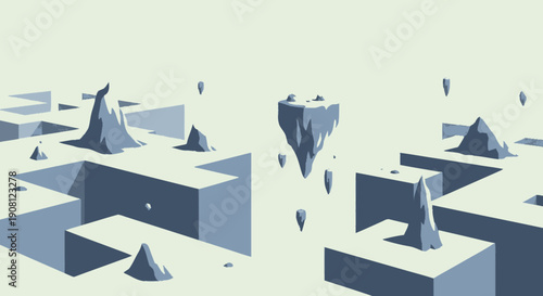 3D Maze with Floating Geometric Shapes.