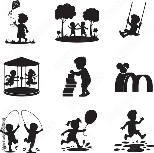 Black silhouettes of children playing outside in park  fun and games