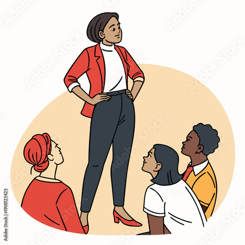 Confident female leader inspiring diverse team illustration