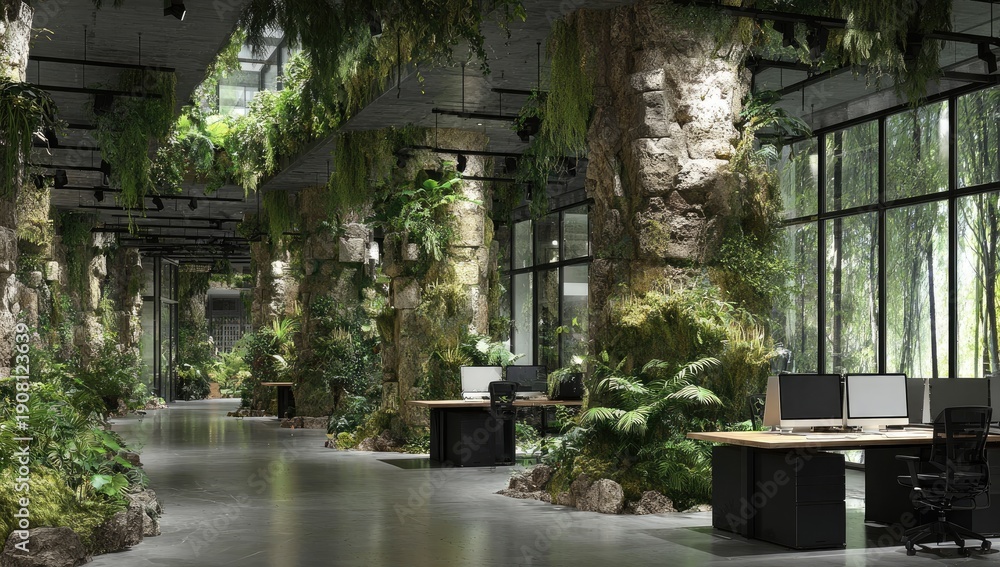 Fototapeta premium Interior scene of a modern office space, nature-inspired, with integrated greenery