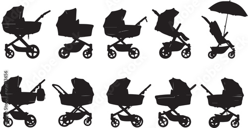 Various baby stroller silhouettes in different positions and styles