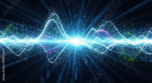Abstract digital sound wave with glowing particles and light