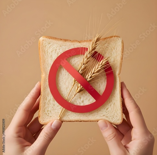 Hands holding white bread slice with wheat ear and red prohibition sign, gluten free concept, generative AI