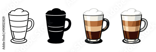 Artistic gradient coffee mugs with espresso layers and foam on a gradient background