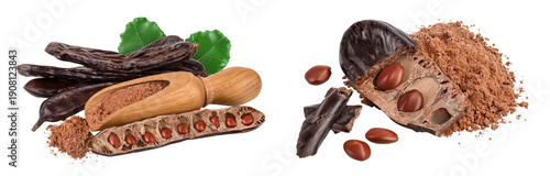 Photography Carob pod and powder in wooden scoop isolated on white background with full depth of field