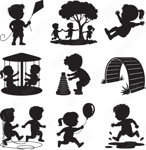 black silhouettes of children playing outside and having fun in various activities
