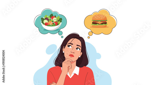 Young woman looking thoughtful while weighing the choice between a healthy green salad and a fast food burger in thought bubbles above.