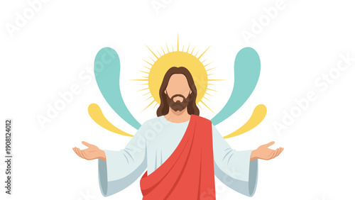 Religious illustration of Jesus Christ with open arms and a glowing halo behind his head symbolizing peace and divine love for humanity.