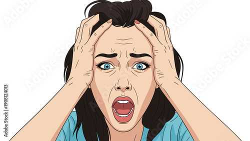 Stressed and overwhelmed woman holding her head and screaming in panic or frustration with an expression of intense anxiety and fear.