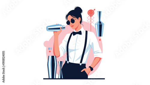 Stylish female bartender wearing a white shirt and suspenders confidently using a cocktail shaker to prepare a drink at the bar counter.