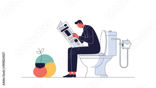 Man sitting on a toilet in the bathroom while focused on reading a newspaper for a quiet moment of daily routine and relaxation.