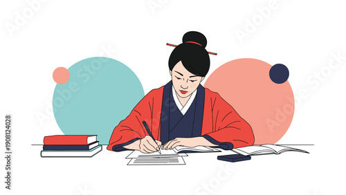 Elegant Asian woman in traditional red and blue kimono sitting at a desk and focused on writing notes or letters with a pen.