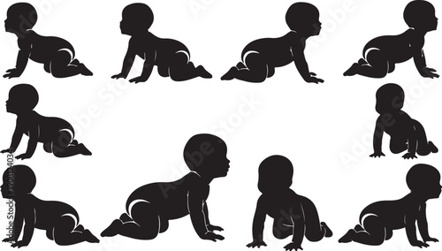 Baby crawling silhouettes in various positions and movements slowly