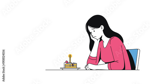 Sad young woman sitting alone at a table with a small birthday cake and one lit candle looking quite depressed.